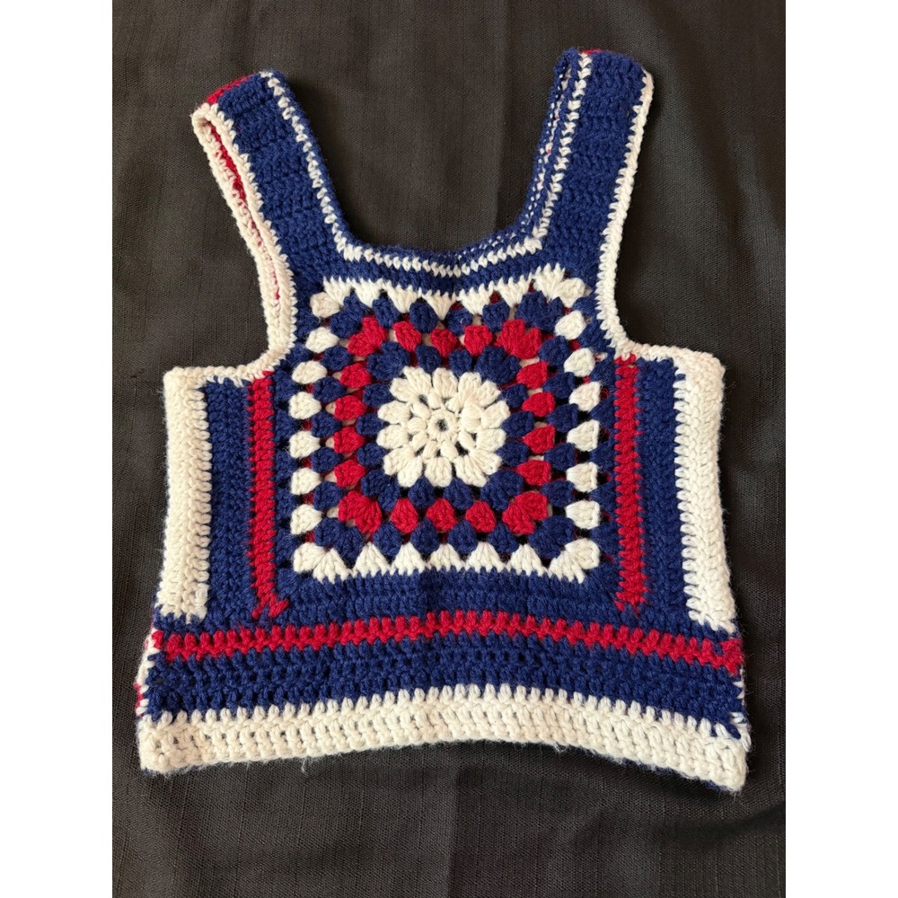 VTG‎ Handmade Crochet Granny Square Tank size small 70s Style  Red White Blue